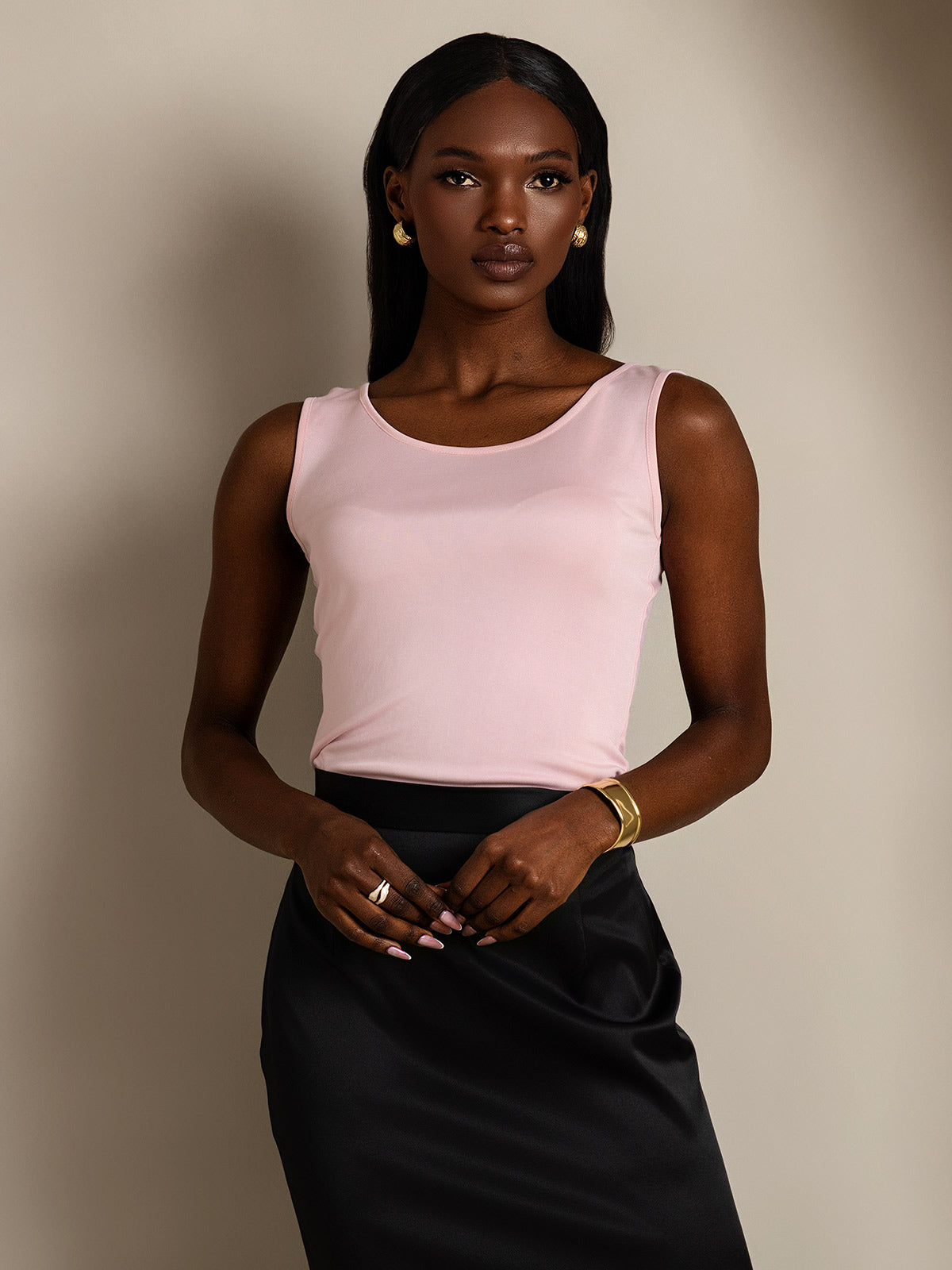 [Lyserød] SilkSilky-DK Silk Knitted Sleeveless Round Neck T-shirt til kvinder 004