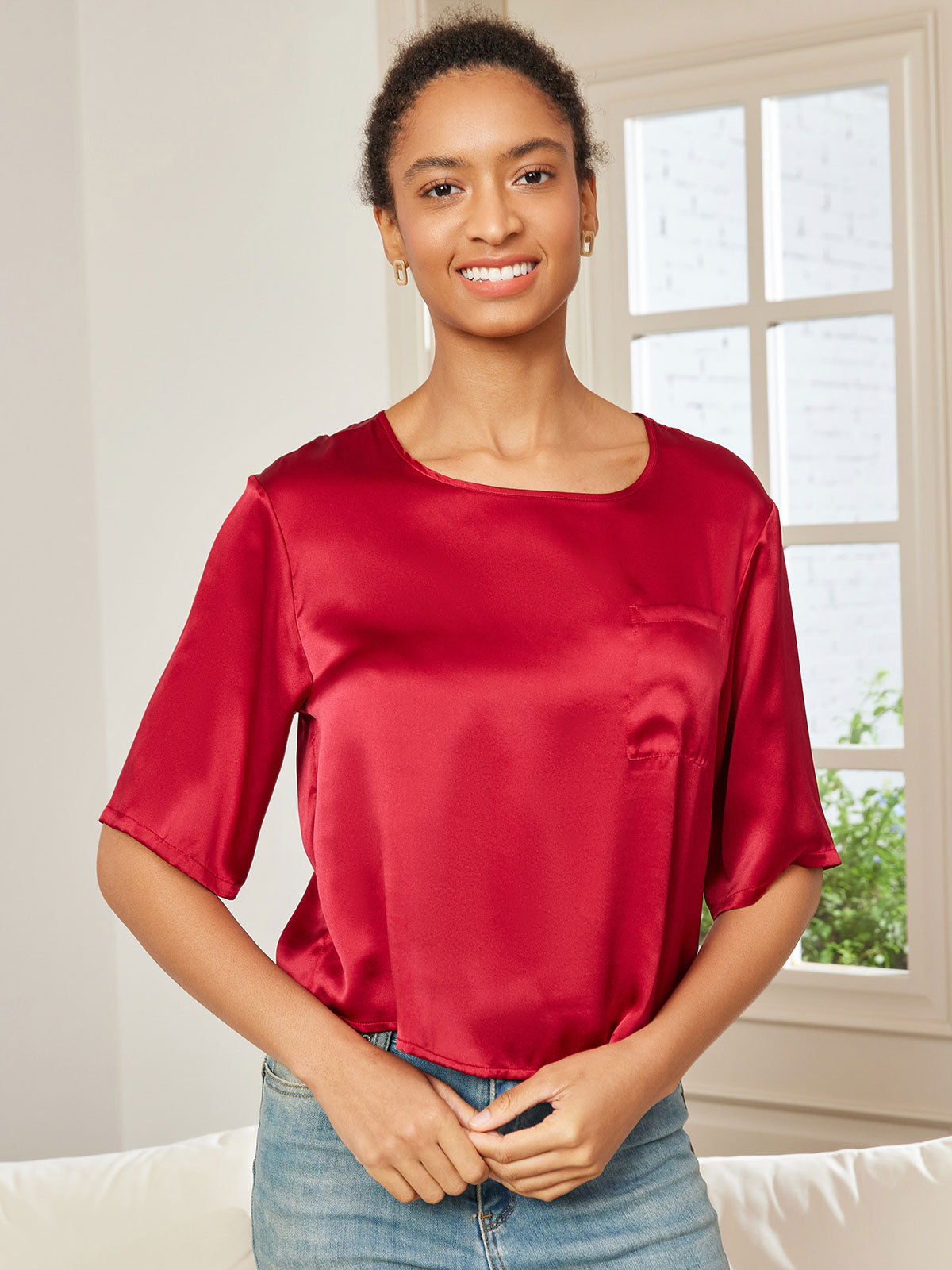 SilkSilky-DK-Pure-Silk-Half-Sleeve-Boat-Neck-T-shirt-til-kvinder-Mørkerød-001