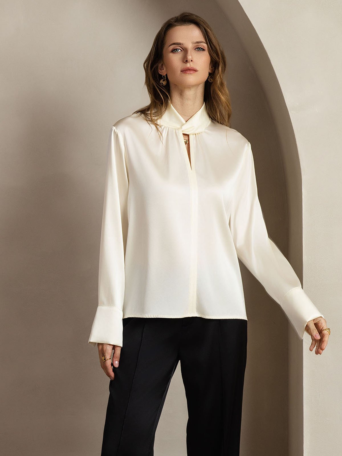 [Elfenben] SilkSilky-DK 19Momme Silke Womens Shirt 009