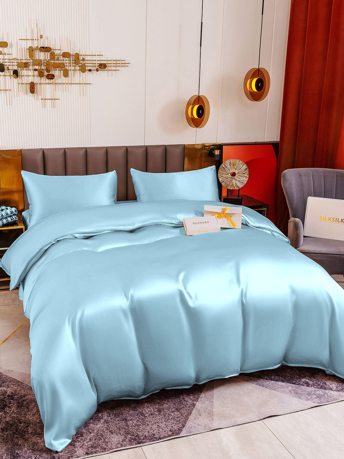 [Lyseblå] SilkSilky-DK 19Momme Bedding Set 004