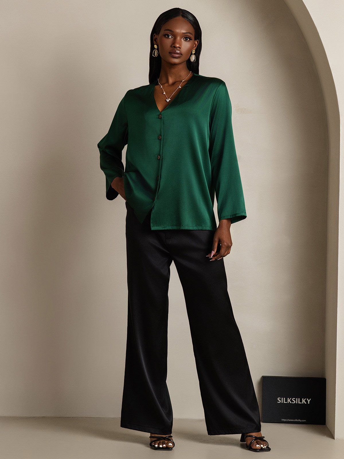 [Mørkegrøn] SilkSilky-DK 19Momme Silke Womens Shirt 001
