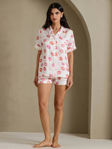 [Hvid Læbestift] SilkSilky-DK Short Sleeve Notch Collar Dame Pyjamas 005