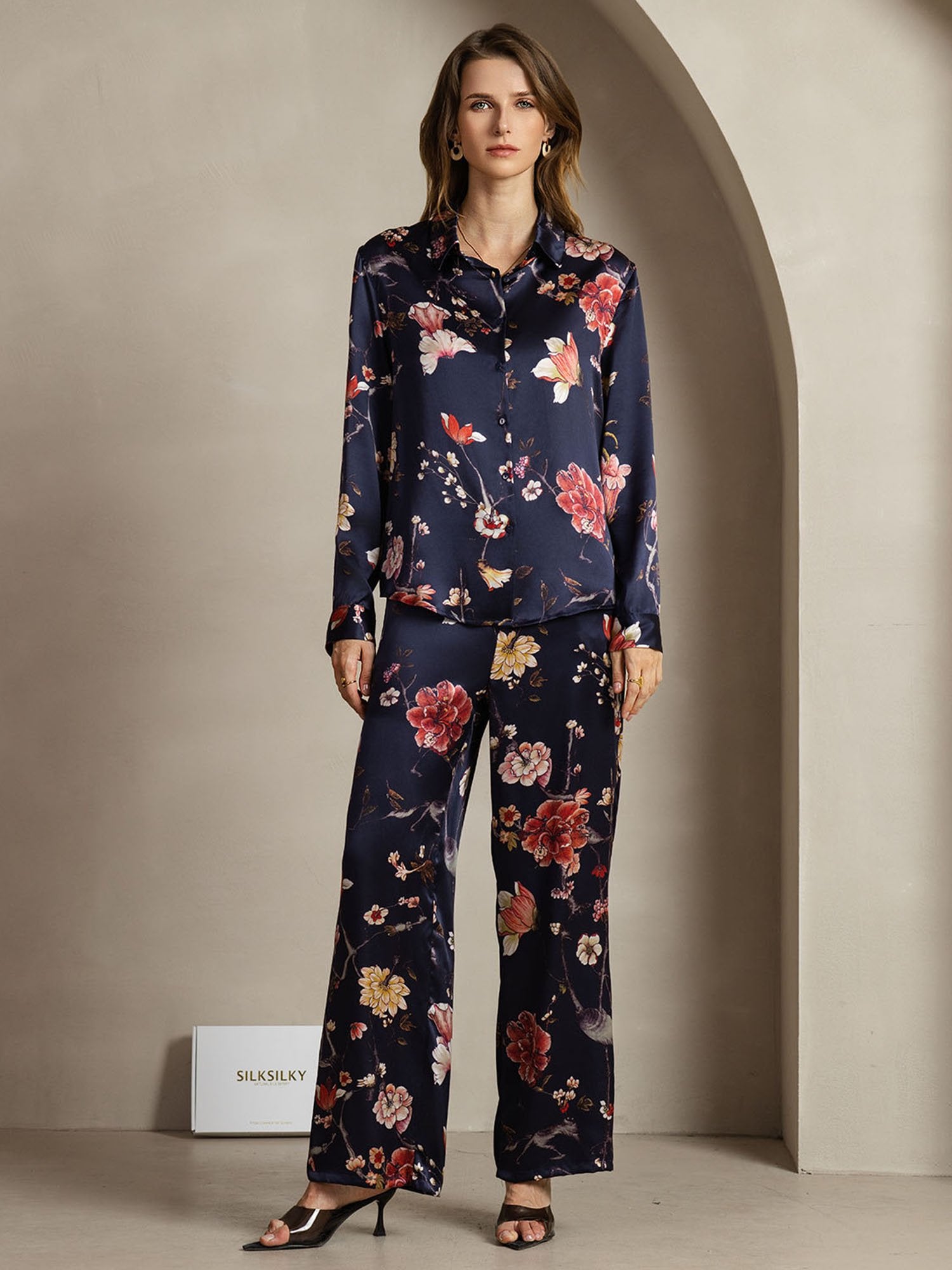 [MarineBlomster] SilkSilky-DK 19Momme Silke Lapel Collar Women''s Outfit Sets 001