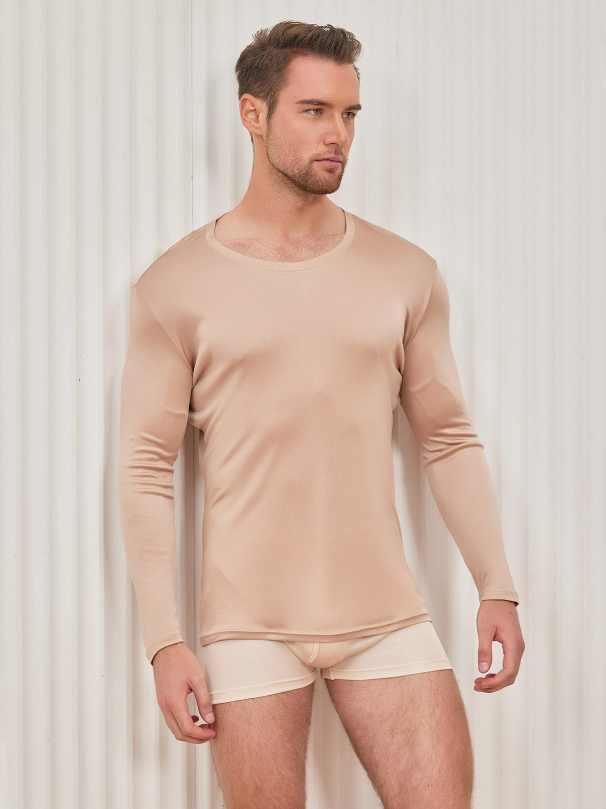 SilkSilky-DK-Silk-Knitted-Long-Sleeve-Round-Neck-Herre-T-shirt-Beige-004