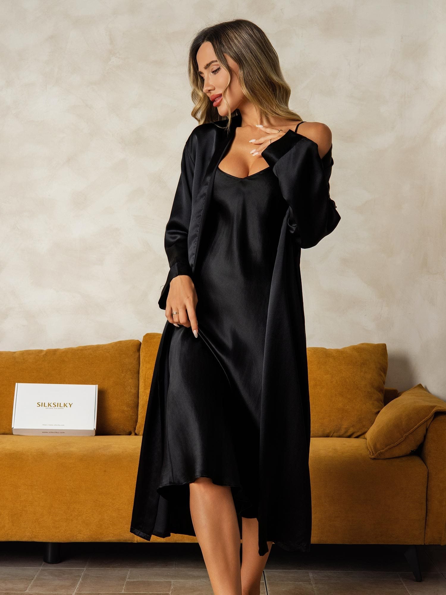 [Sort] SilkSilky-DK Silke Wrap Natkjole & Morgenkåbe Sæt 003