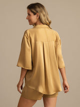 [Tan] SilkSilky-DK 19Momme Halv ærme Notchkrage Dame Pyjamas 002
