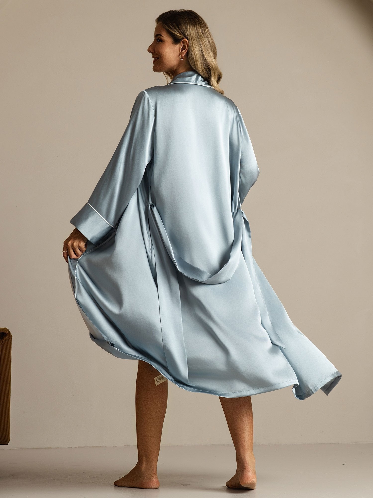 [Gråblå] SilkSilky-DK Long Sleeve Dame Morgenkåbe 002