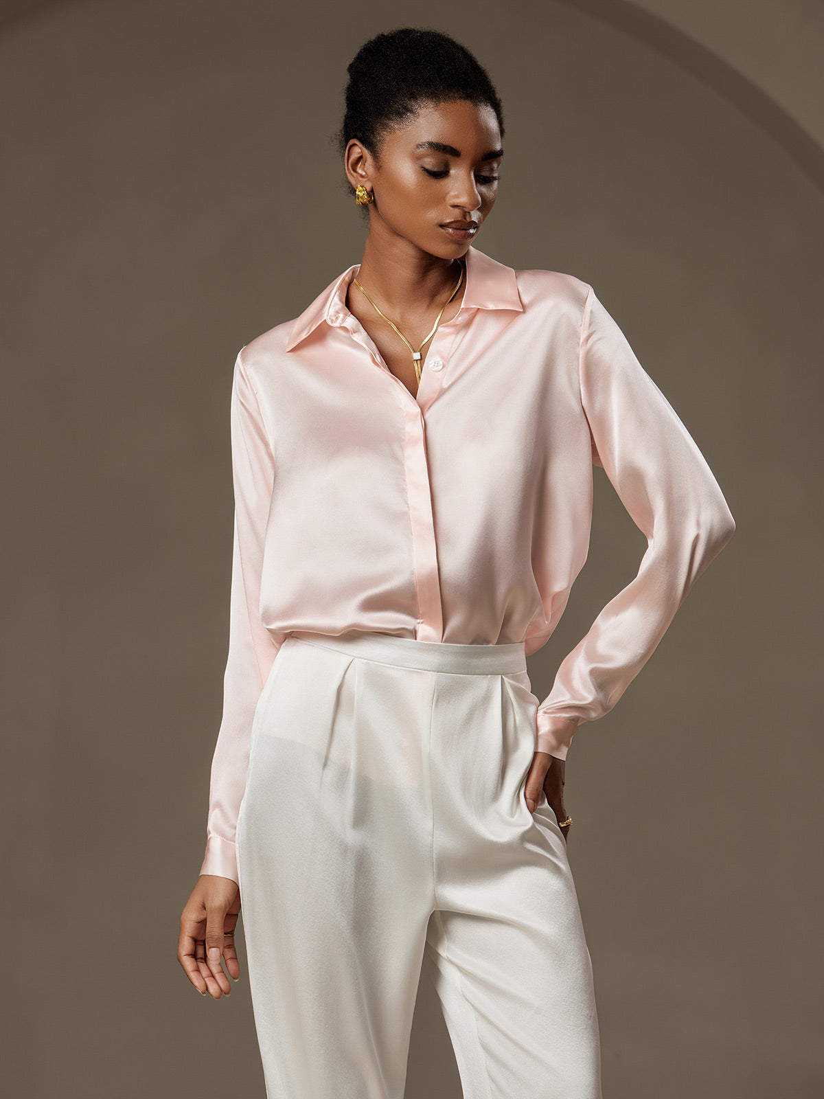 [Lyserød] SilkSilky-DK 19Momme Silke Womens Shirt 001