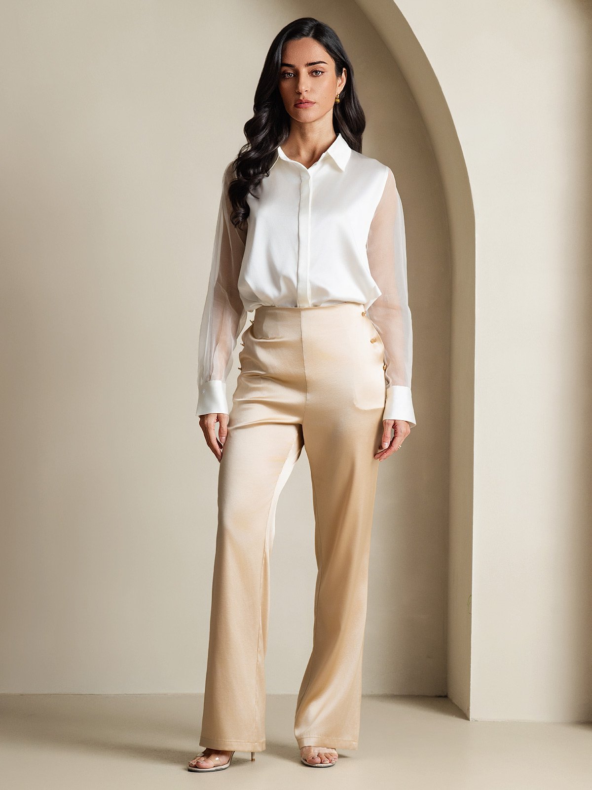 [Hvid] SilkSilky-DK 19Momme Silke Lapel Collar Dameskjorte 007