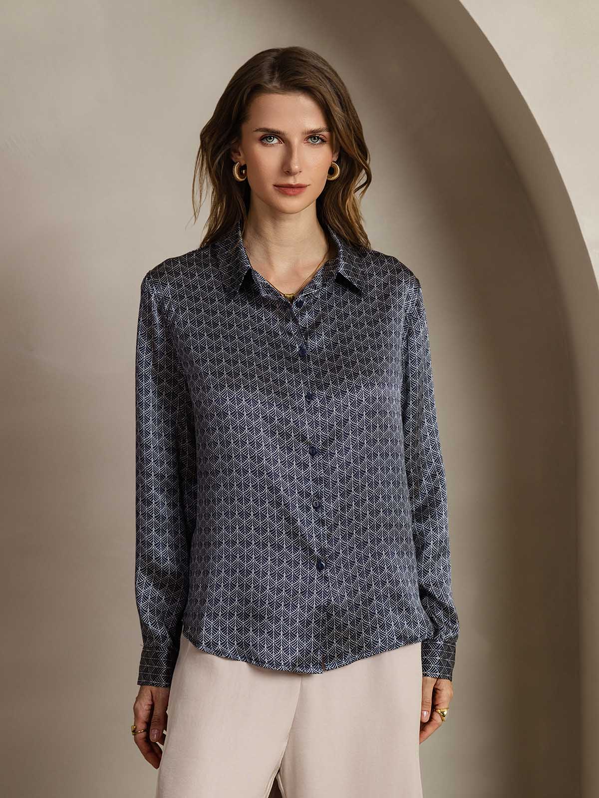 [Marine Ginkgo] SilkSilky-DK Silke Lapel Collar Dameskjorte 001