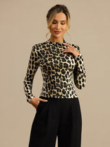 [Leopard] SilkSilky-DK Langærmet Falsk Krave T-shirt til kvinder 005