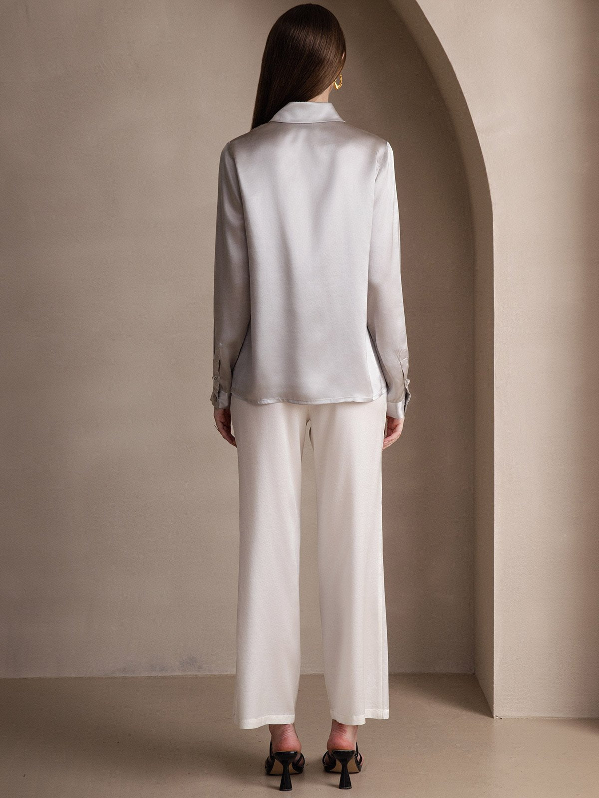 [Lysegrå] SilkSilky-DK Long Sleeve Lapel Collar Dameskjorte 002
