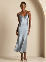 [Gråblå] SilkSilky-DK Sleeveless V Neck Kjole 007