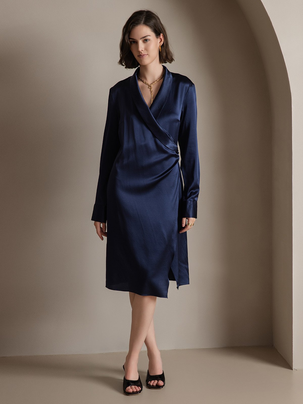 [Mørkeblå] SilkSilky-DK 19Momme Silke Dress 004