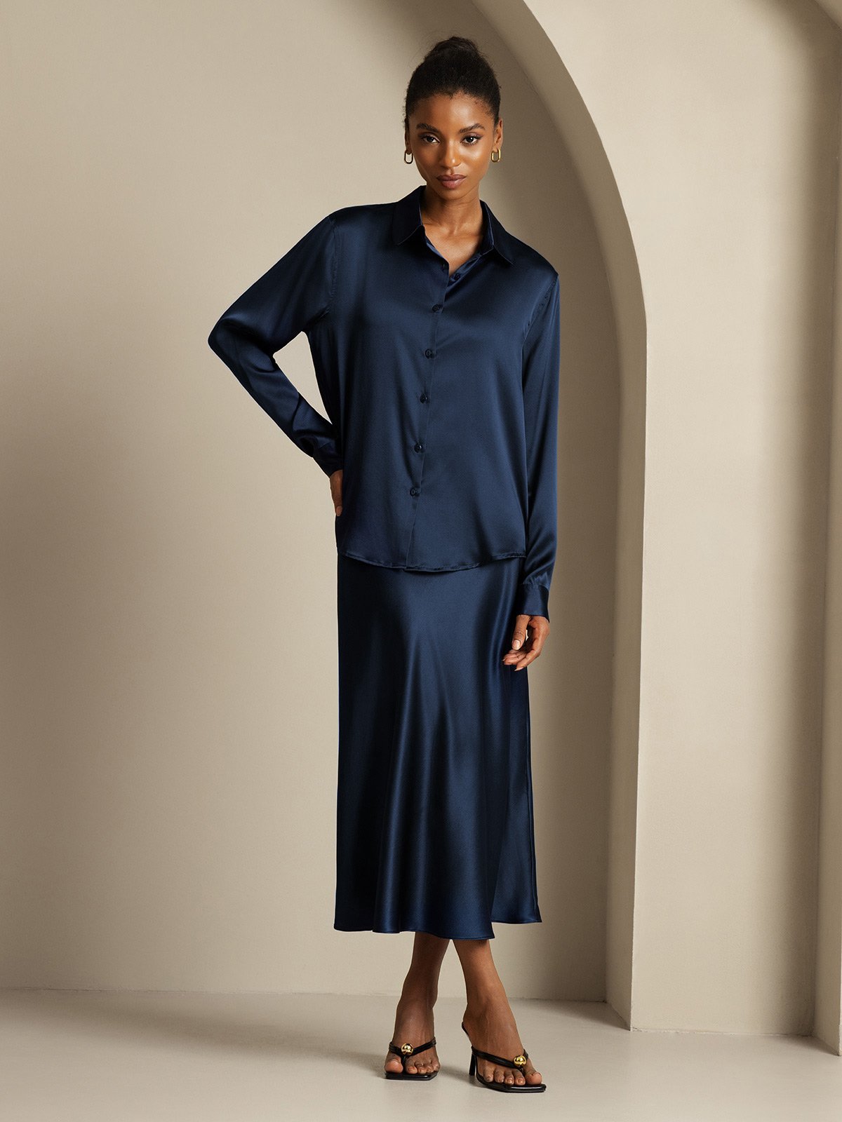 [Mørkeblå] SilkSilky-DK 19Momme Silke Womens Outfit Sets 006,