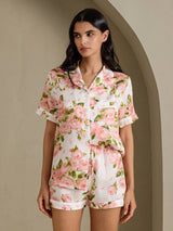 [Hvid Pæon] SilkSilky-DK Short Sleeve Notch Collar Dame Pyjamas 001