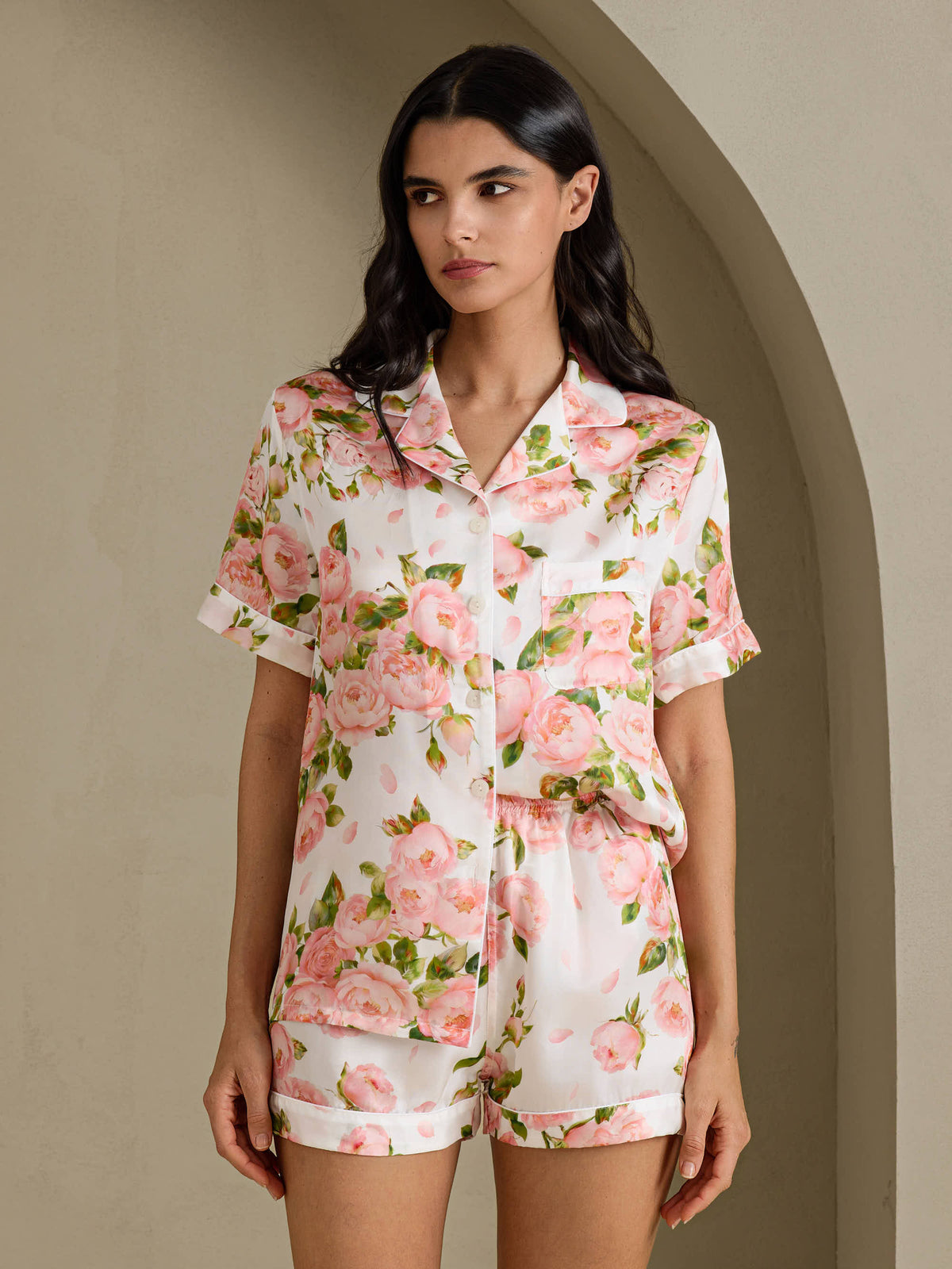 [Hvid Pæon] SilkSilky-DK Short Sleeve Notch Collar Dame Pyjamas 001