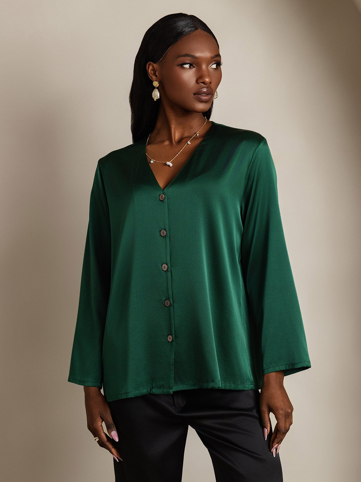 [Mørkegrøn] SilkSilky-DK 19Momme Silke Womens Shirt 005