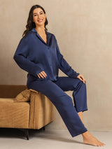 [Mørkeblå] SilkSilky-DK 19Momme Langærmet Notchkrage Dame Pyjamas 008