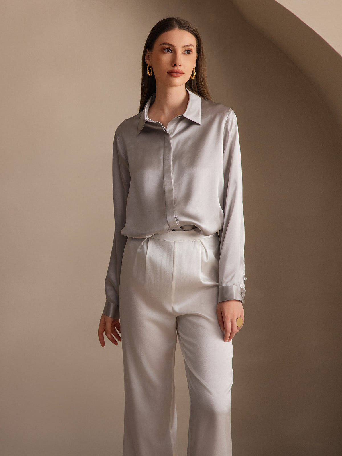 [Lysegrå] SilkSilky-DK 19Momme Silke Womens Shirt 006