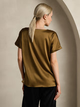 [Brun] SilkSilky-DK 19Momme Kort ærme Bådudskæring T-shirt til kvinder 002