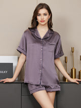 [Lilla Grå] SilkSilky-DK Short Sleeve Lapel Collar Dame Pyjamas 003