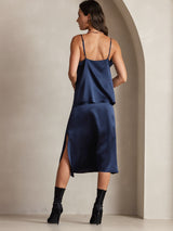 [Mørkeblå] SilkSilky-DK 19Momme Spaghetti Rem Drapert halsutringning Camisole Top 002