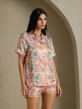 [Lyserød Fauna] SilkSilky-DK Short Sleeve Notch Collar Dame Pyjamas 003