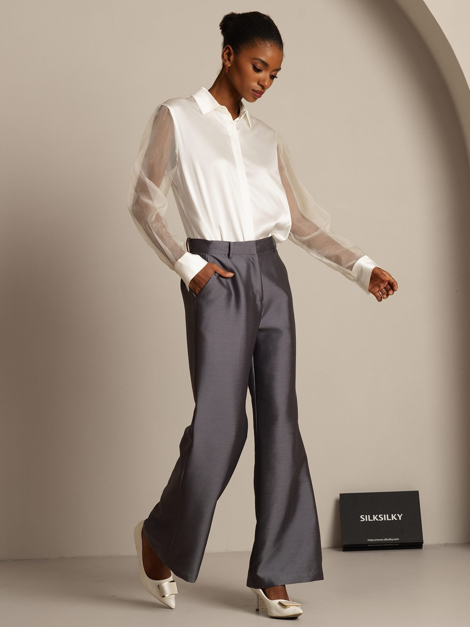 [Grå] SilkSilky-DK 32Momme Silke Womens Pants 008,