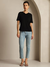 [Sort] SilkSilky-DK Kort ærme V Hals T-shirt til kvinder 008