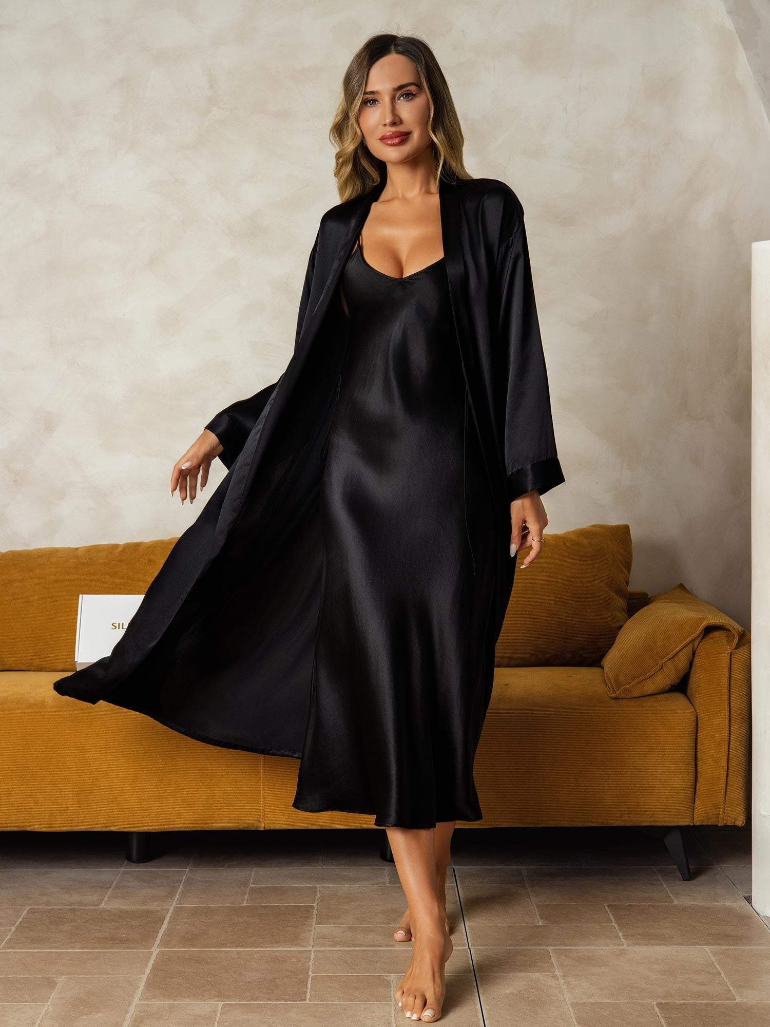[Sort] SilkSilky-DK Silke Wrap Natkjole & Morgenkåbe Sæt 001
