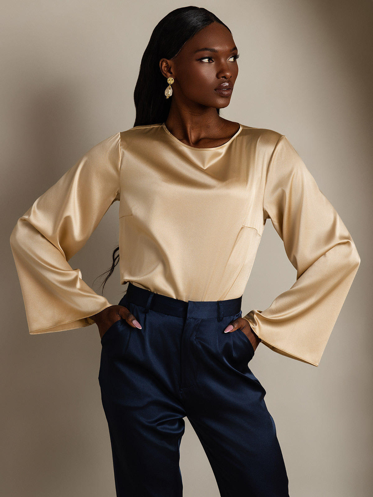 [Champagne] SilkSilky-DK 19Momme Silke Womens T-Shirt 004,