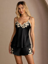 [Sort] SilkSilky-DK Sleeveless V Neck Camisole Sæt 003