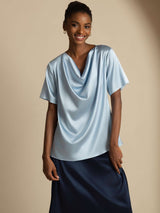 [Gråblå] SilkSilky-DK Short Sleeve Cowl Neck Damebluser 004