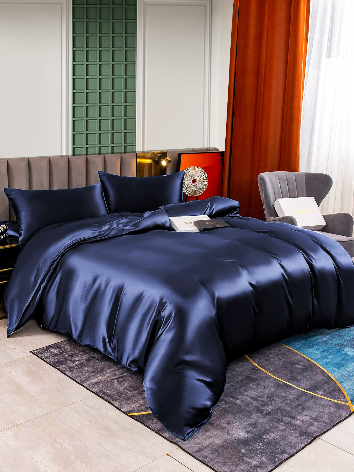 [Mørkeblå] SilkSilky-DK 25Momme Bedding Set 003