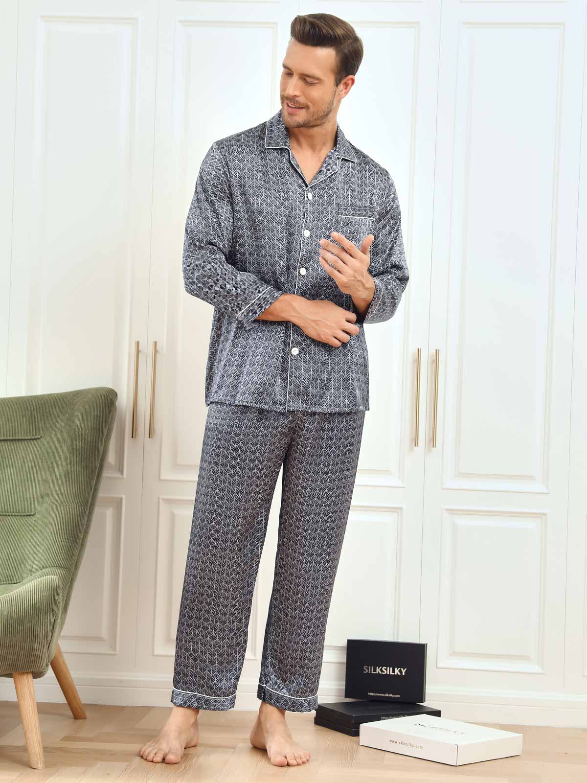[Marine Ginkgo] SilkSilky-DK 19Momme Mens Pajamas 007