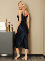 [Mørkeblå] SilkSilky-DK Sleeveless V Neck Natkjole 002