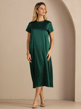 [Mørkegrøn] SilkSilky-DK Short Sleeve Round Neck Kjole 005