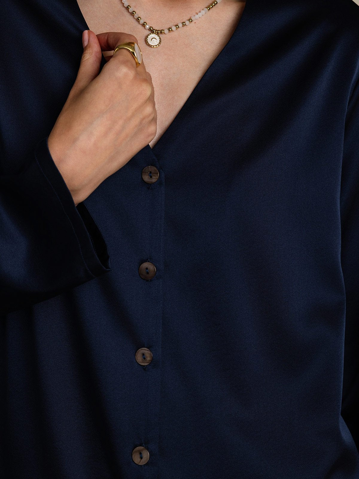 [Mørkeblå] SilkSilky-DK 19Momme Silke Womens Shirt 007
