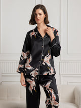 [Sort] SilkSilky-DK 19Momme Langærmet Notchkrage Dame Pyjamas 003