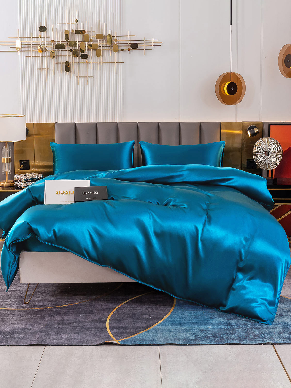 [Blågrøn] SilkSilky-DK 19Momme Bedding Set 002