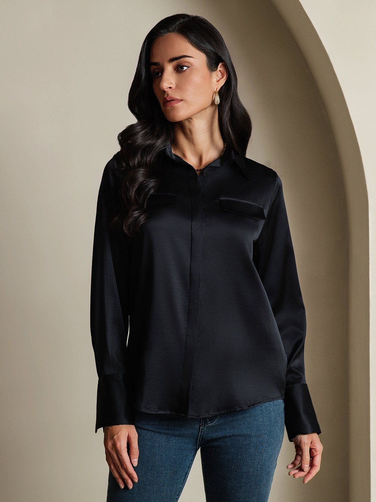 SilkSilky-DK 19Momme Silke Womens Shirt Sort 005