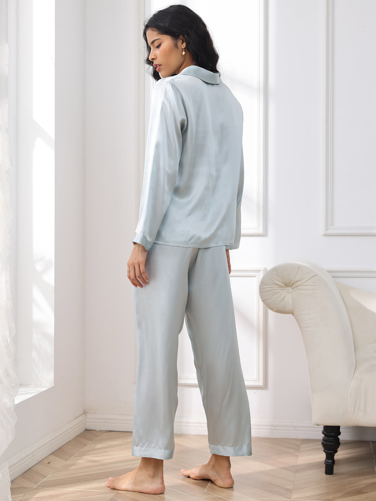 [Lyseblå] SilkSilky-DK Long Sleeve Lapel Collar Dame Pyjamas 002