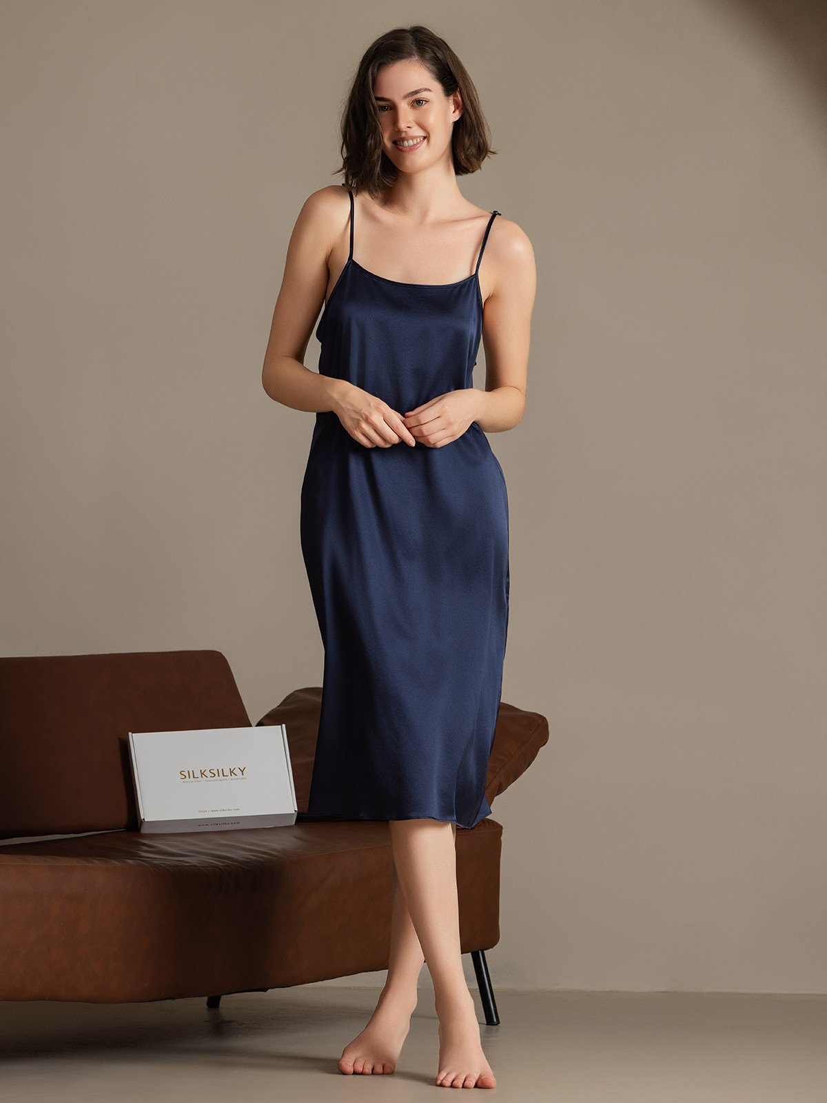 [Mørkeblå] SilkSilky-DK 19Momme Silke Sleeveless Dress 003