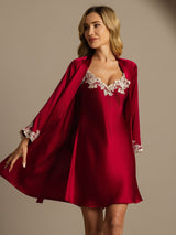 [Vin] SilkSilky-DK 3/4 Sleeve V Neck Natkjole & Morgenkåbe Sæt 001