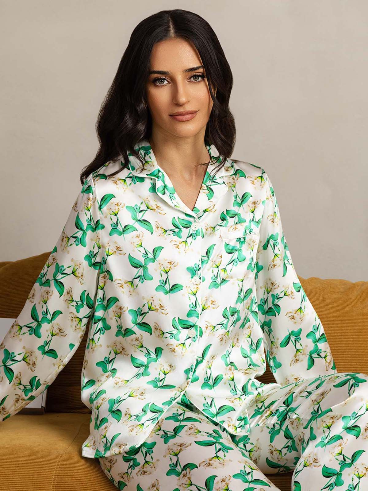 [Grøn Blomster] SilkSilky-DK Womens Pajamas 006