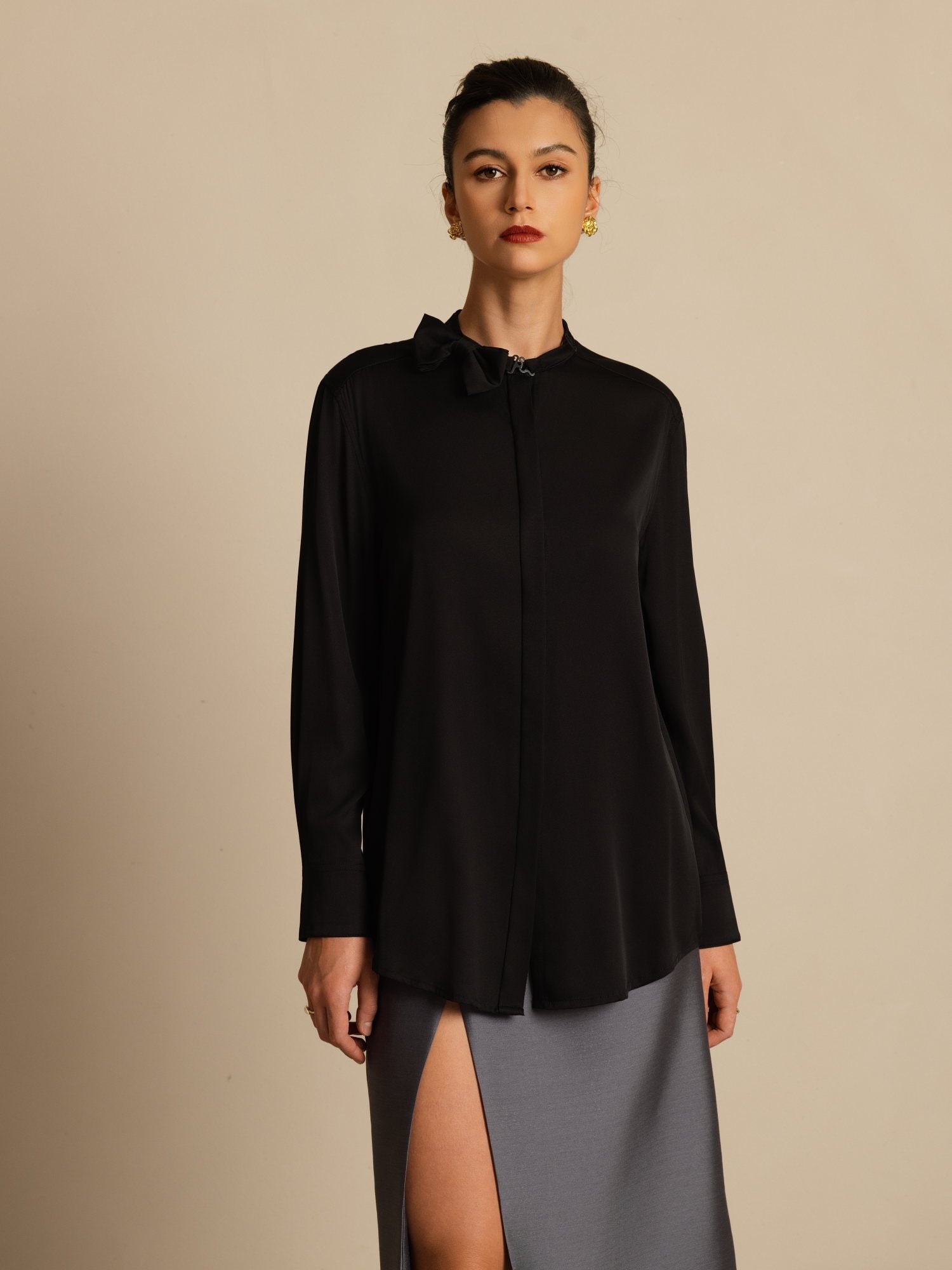 [Sort] SilkSilky-DK 19Momme Silke Langærmet Ståkrave Bluse 001