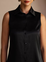 [Sort] SilkSilky-DK Sleeveless Lapel Collar Dameskjorte 004