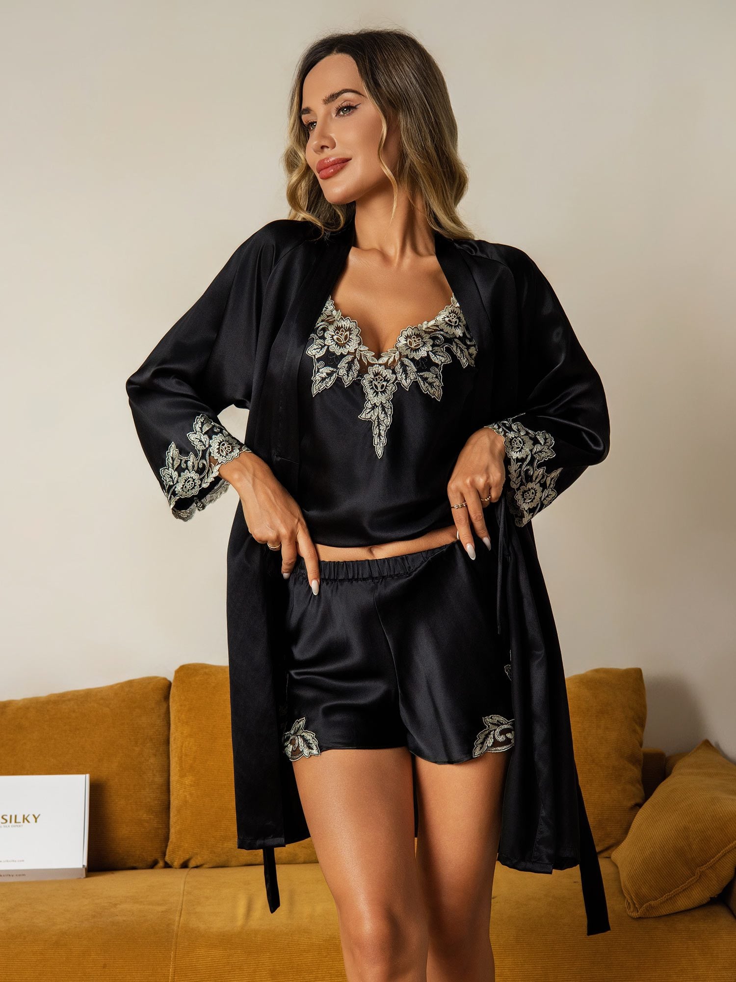 [Sort] SilkSilky-DK Silke Wrap Natkjole & Morgenkåbe Sæt 003