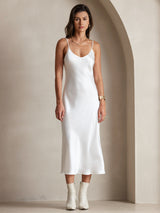 [Hvid] SilkSilky-DK Sleeveless V Neck Kjole 003